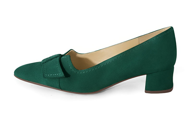 Forest green women's dress pumps, with a knot on the front. Tapered toe. Low flare heels. Profile view - Florence KOOIJMAN